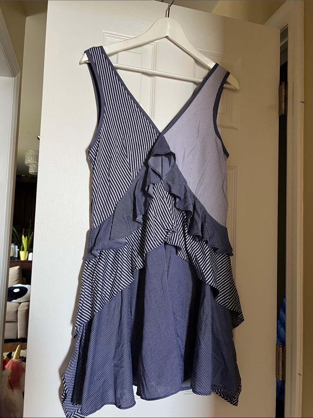 Opening Ceremony Navy and White Striped Ruffle Midi Dress